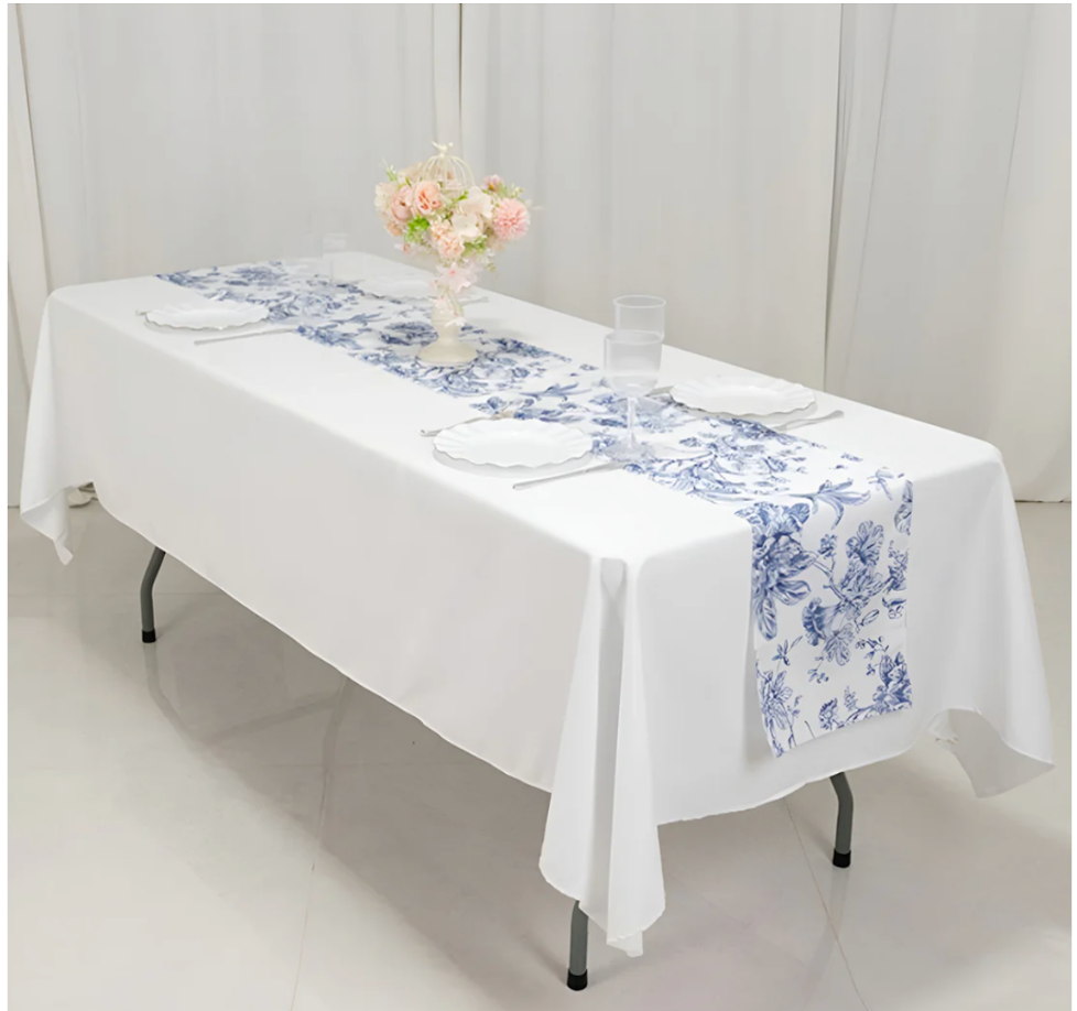 Polyester Floral Table Runner 12x108 White and Blue