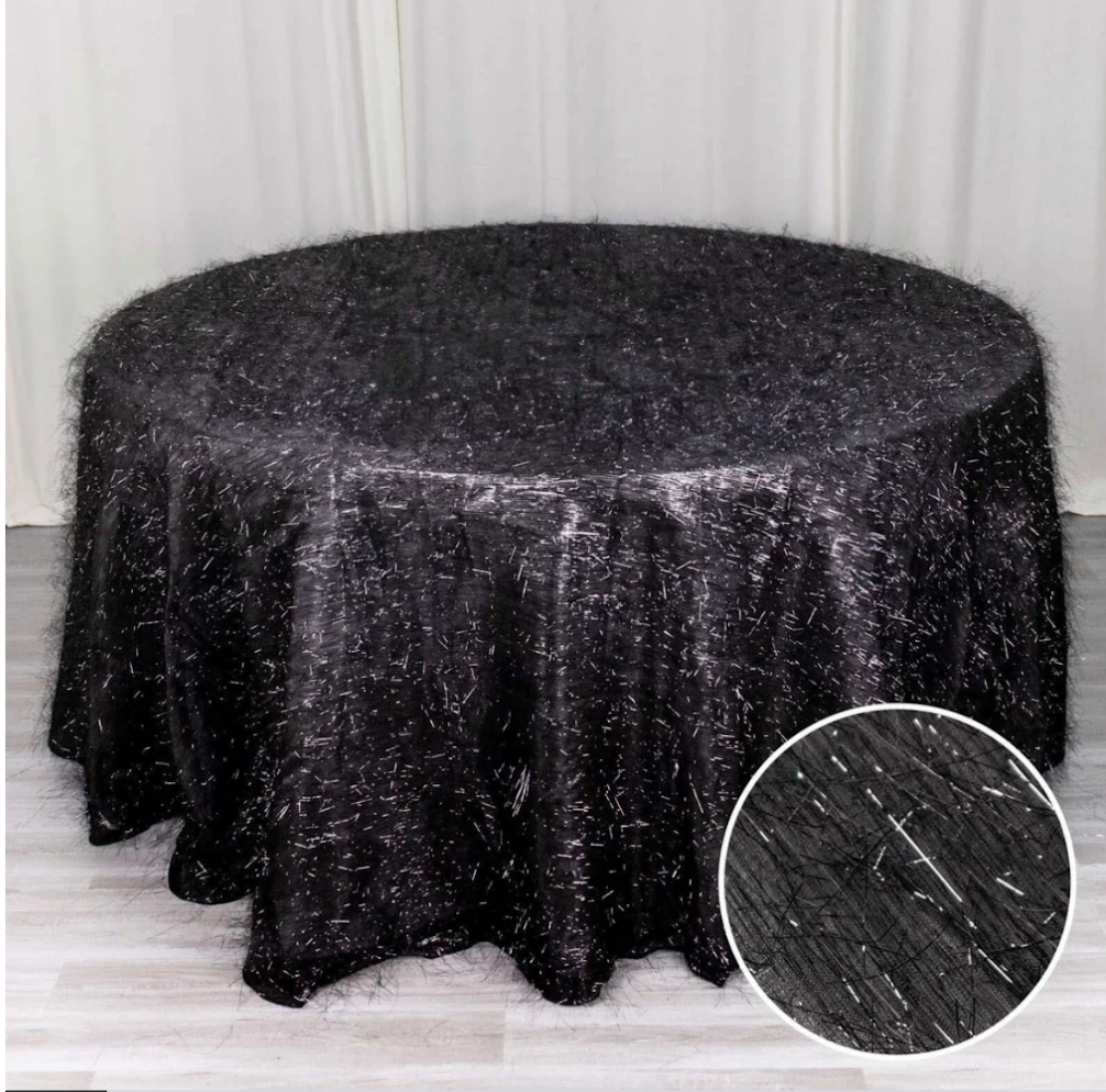 Metallic Fringe Shag Tablecloth 120" Black