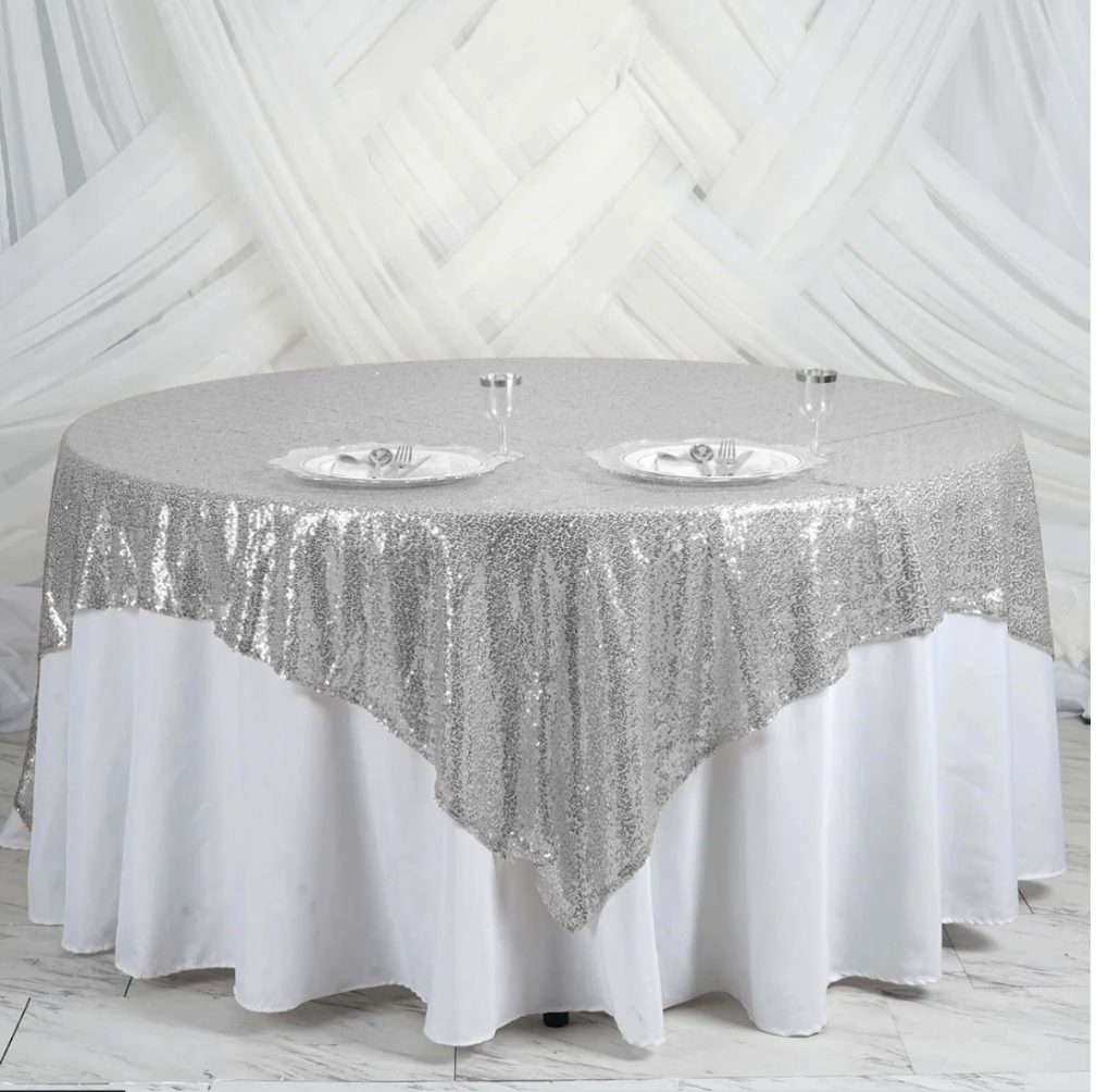 Sequin Table Overlay 90x90 Silver