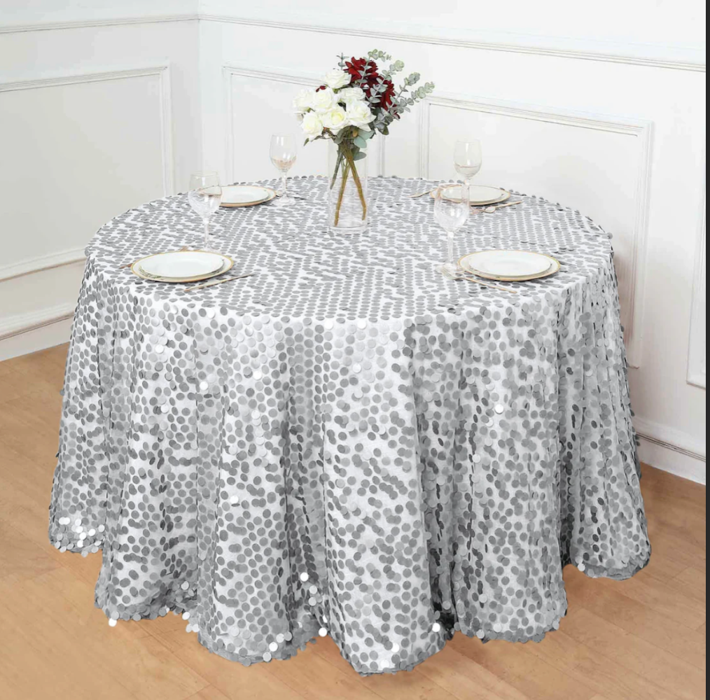 Big Payette Sequin Tablecloth 120" Silver