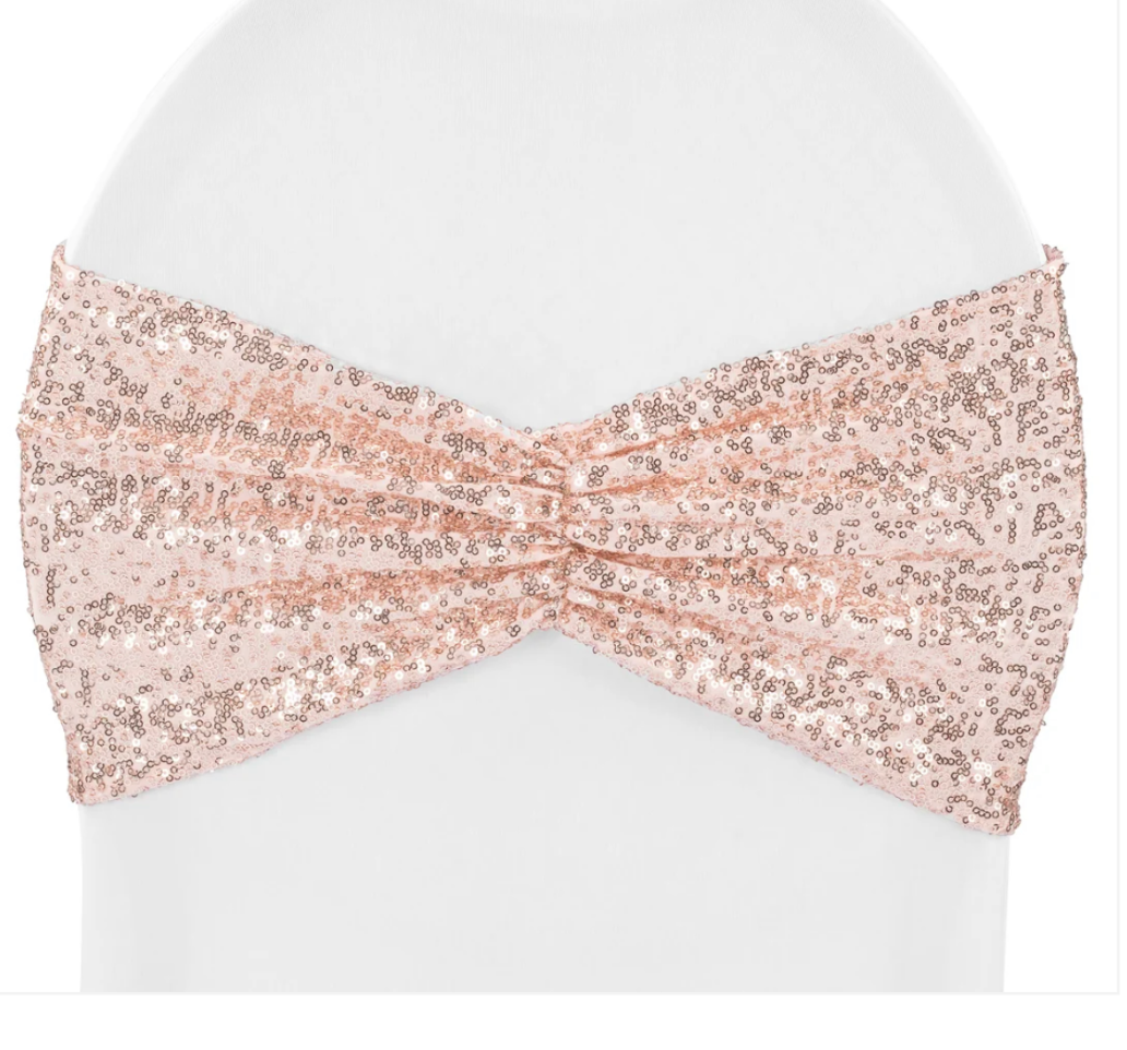 Glitz Ruffle Sequin Spandex Chair Band Sash - BlushRose Gold